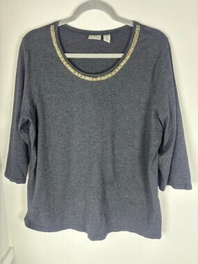 Zenergy by Chicos Size 3 XL Gray Embellished Beaded Neck 3/4 Sleeve Top